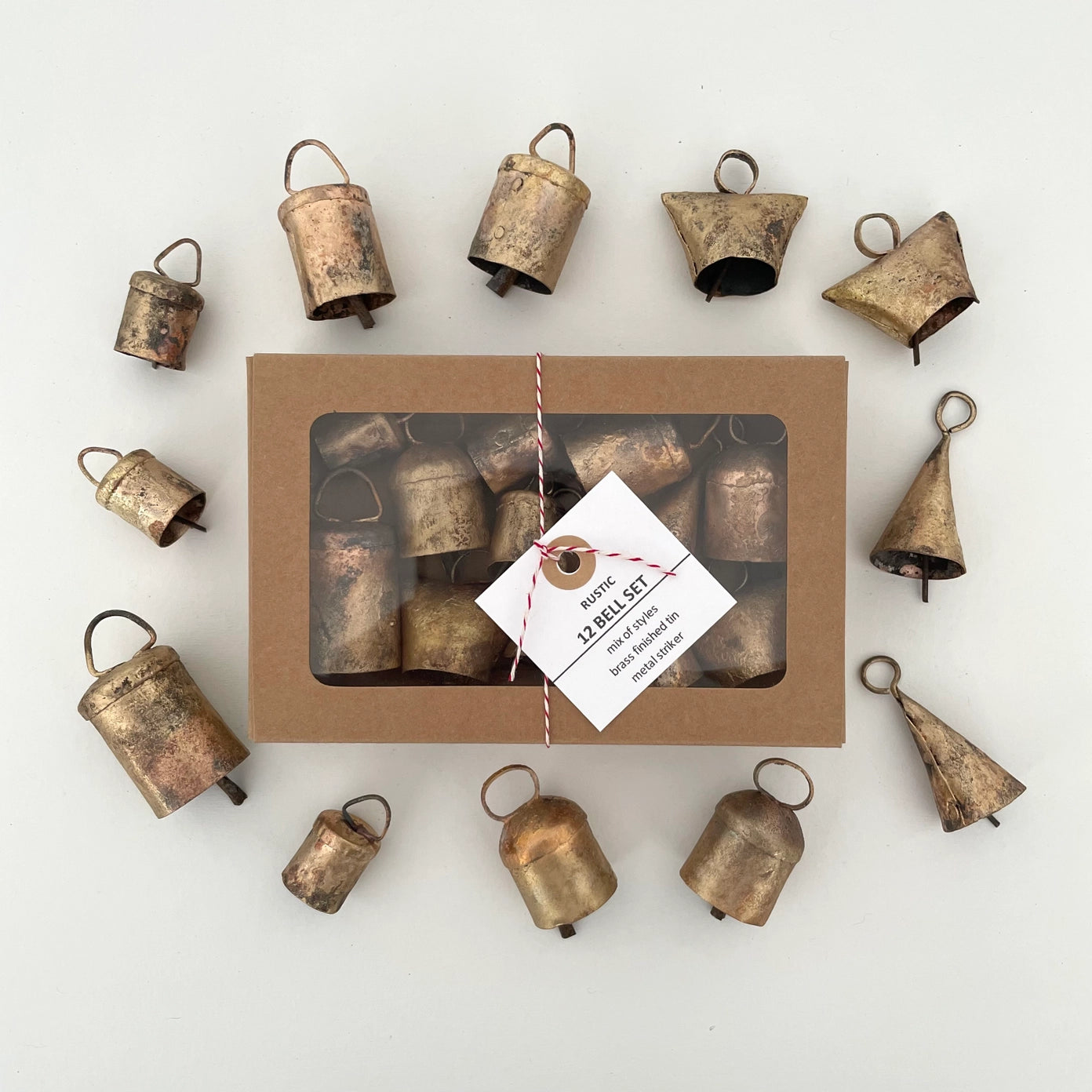 Set of 12 Rustic Brass Finish Bells Mix in A box