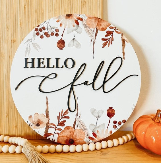 Hello Fall 3D Wooden Round Sign