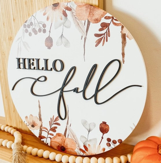 Hello Fall 3D Wooden Round Sign