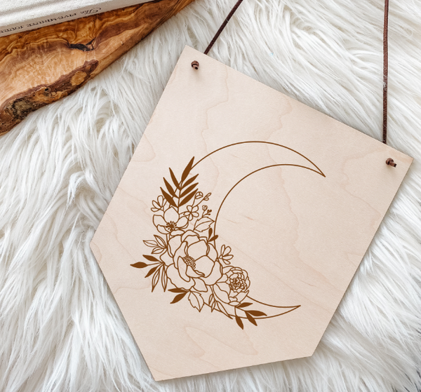 Minimalist Floral Moon Boho Decor | Wood Engraved Banner